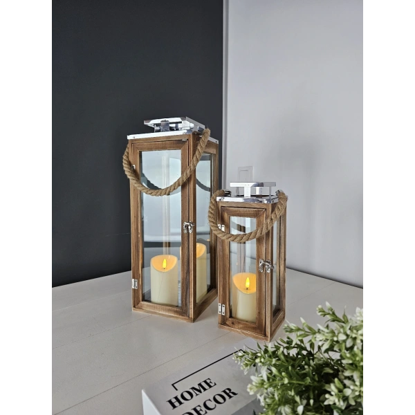 Çelik Çatılı İkili Ahşap Mumluk Fener Seti Nordora