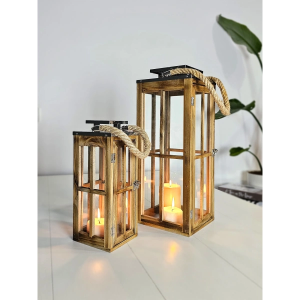 Çelik Çatılı İkili Ahşap Mumluk Fener Seti Verona