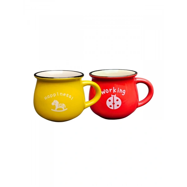 EMAYE GÖRÜNÜMLÜ PORSELEN KUPA BARDAK İKİLİ SET SARI VE KIRMIZI