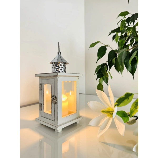 Eskitme Beyaz Ahşap Mumluk Fener Biella 23cm