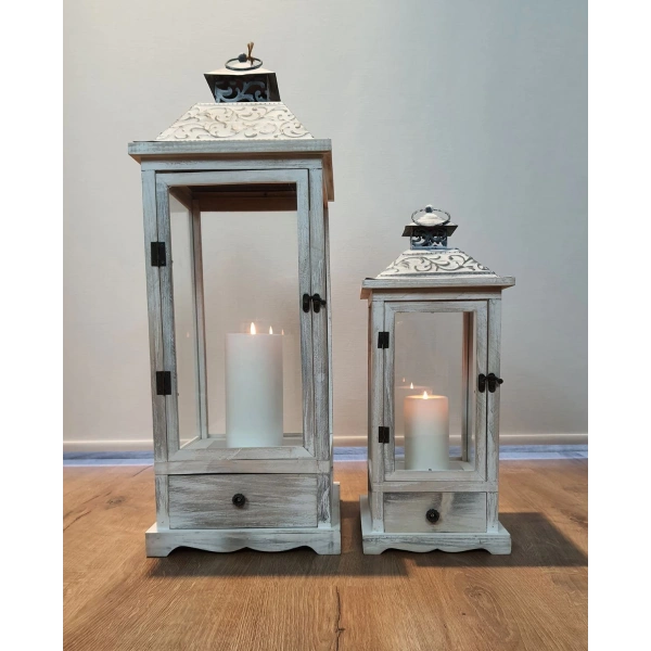 Everest Metal Çatılı Çekmeceli Büyük Boy Ikili Ahşap Fener Seti