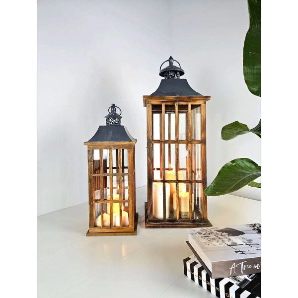 İkili Büyük Boy Metal Çatılı Ahşap Mumluk Fener Seti Nanga