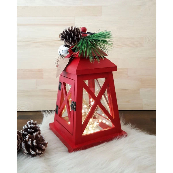 Kırmızı Ahşap Fener Yeni Yıl Konseptli Led Işıklı 30cm
