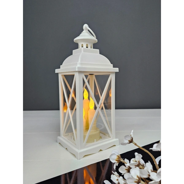 Lumiera 34cm Beyaz LED Fener Mumluk - Gerçek Camlı & Pille Çalışan Dekoratif Aydınlatma
