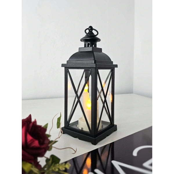 Lumiera 34cm Siyah LED Fener Mumluk - Gerçek Camlı & Pille Çalışan Dekoratif Aydınlatma