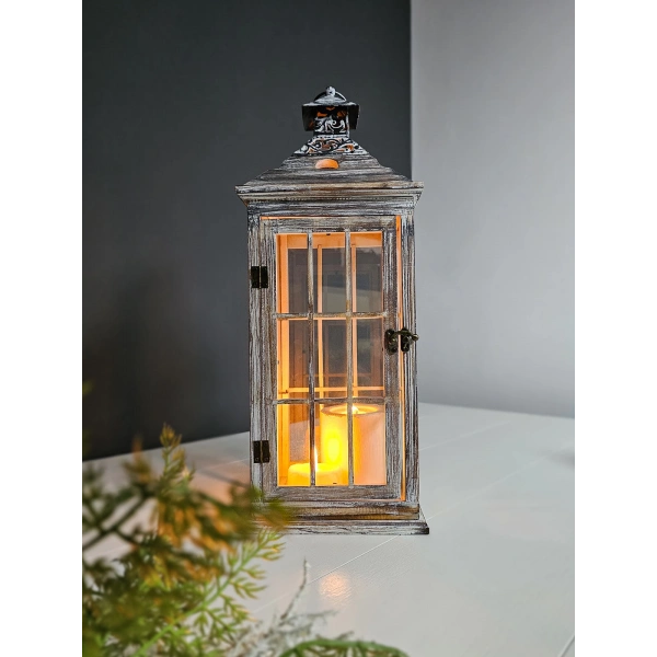 Mayorka Metal Çatılı Ahşap Mumluk Fener 55Cm