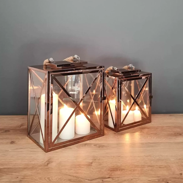 Melbourne İkili Çelik Mumluk Fener Seti Rose Gold