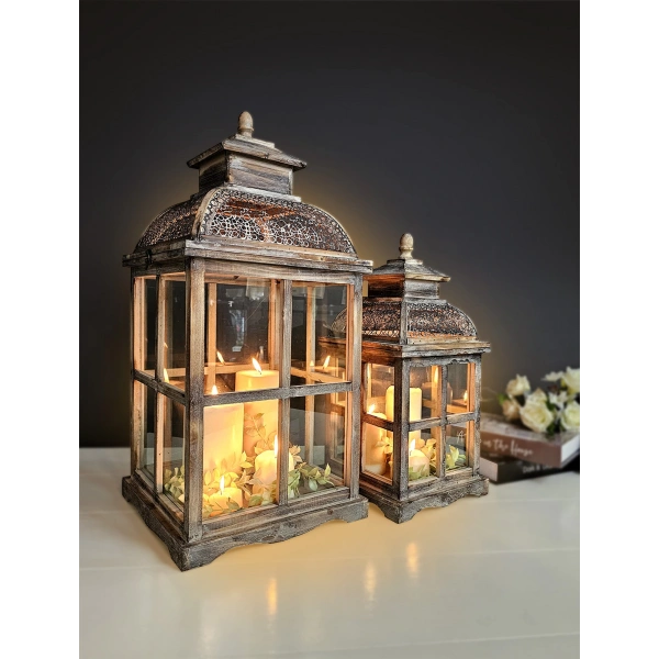 Metal Çatılı İkili Ahşap Mumluk Fener Seti Barselona