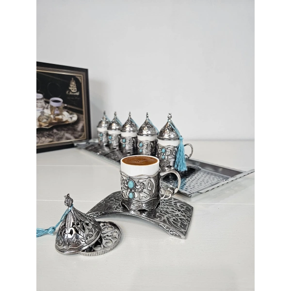 Nostaljik 6 Kişilik Tepsili Doğal Taşlı Metal Türk Kahvesi Fincan Takımı Antik Nikel