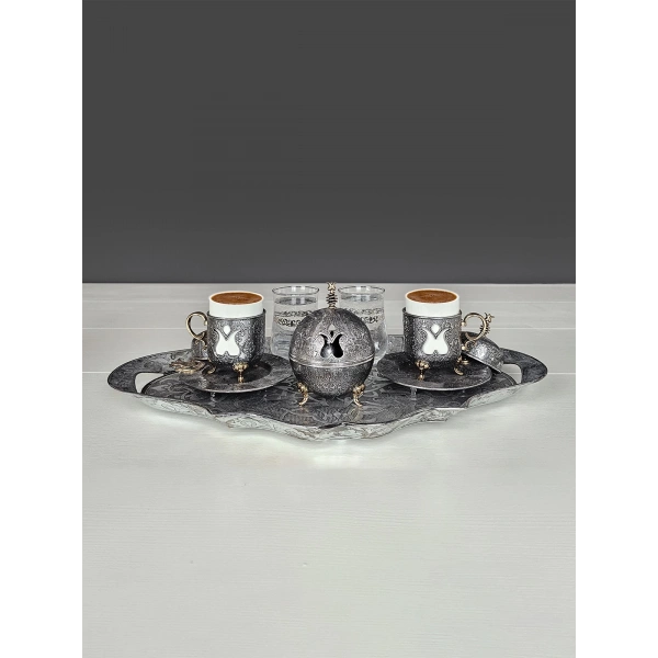 Nostaljik İki Kişilik Tepsili Lokumluk ve Bardaklı Türk Kahvesi Fincan Takımı Antik Nikel