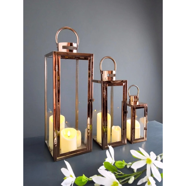 Rosa Trio Paslanmaz Çelik Üçlü Rosegold Mumluk Fener Seti