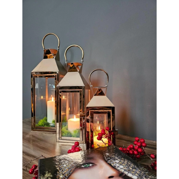 Rosegold Paslanmaz Çelik Üçlü Mumluk Fener Seti