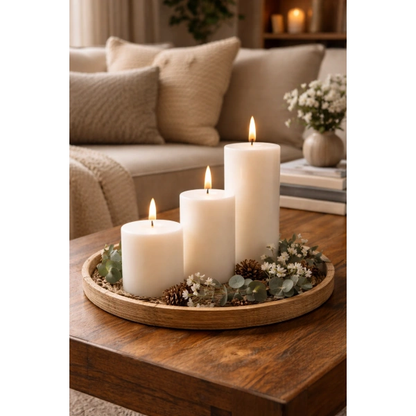 Silindir Mum Beyaz Üçlü Set