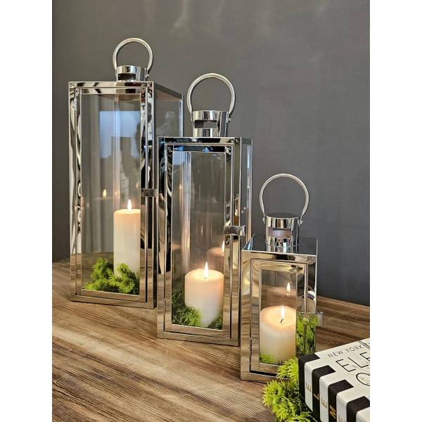 Victorina Paslanmaz Çelik Üçlü Mumluk Fener Seti