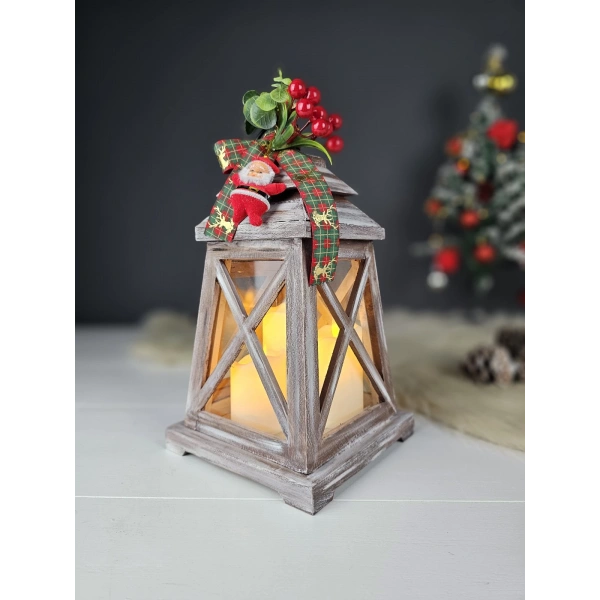 Yeni Yıl Konseptli Ahşap Mumluk Fener Led Işıklı 30cm