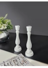 2 Adet Ahşap Şamdan Mumluk Eskitme Beyaz 24cm