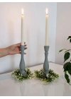 2 Adet Ahşap Şamdan Mumluk Eskitme Gri 24cm
