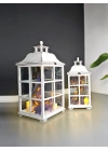 Allegra Rustik Eskitme Beyaz Ahşap Fener Mumluk İkili Set