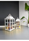 Allegra Rustik Eskitme Beyaz Ahşap Fener Mumluk İkili Set