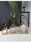 Aura Gold Paslanmaz Çelik Üçlü Mumluk Fener Seti