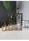 Aura Gold Paslanmaz Çelik Üçlü Mumluk Fener Seti