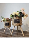 Ayaklı Hasır Saksı ve Çiçeklik Seti İçi Naylonlu Bej