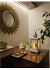 Eskitme Beyaz Ahşap Mumluk Fener Biella 23cm