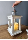 Eskitme Beyaz Ahşap Mumluk Fener Biella 23cm
