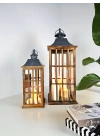 İkili Büyük Boy Metal Çatılı Ahşap Mumluk Fener Seti Nanga