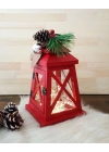 Kırmızı Ahşap Fener Yeni Yıl Konseptli Led Işıklı 30cm