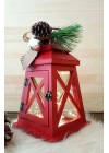 Kırmızı Ahşap Fener Yeni Yıl Konseptli Led Işıklı 30cm