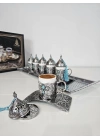 Nostaljik 6 Kişilik Tepsili Doğal Taşlı Metal Türk Kahvesi Fincan Takımı Antik Nikel