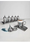 Nostaljik 6 Kişilik Tepsili Doğal Taşlı Metal Türk Kahvesi Fincan Takımı Antik Nikel