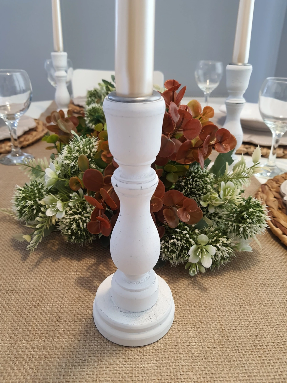 2 Adet Ahşap Şamdan Mumluk Eskitme Beyaz 24cm