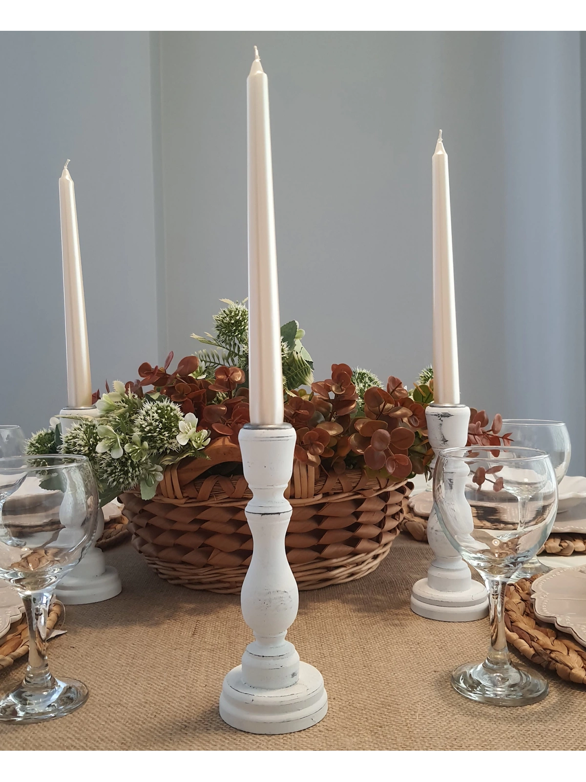 2 Adet Ahşap Şamdan Mumluk Eskitme Beyaz 24cm