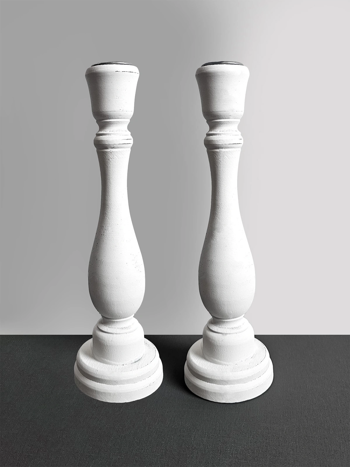 2 Adet Ahşap Şamdan Mumluk Eskitme Beyaz 24cm