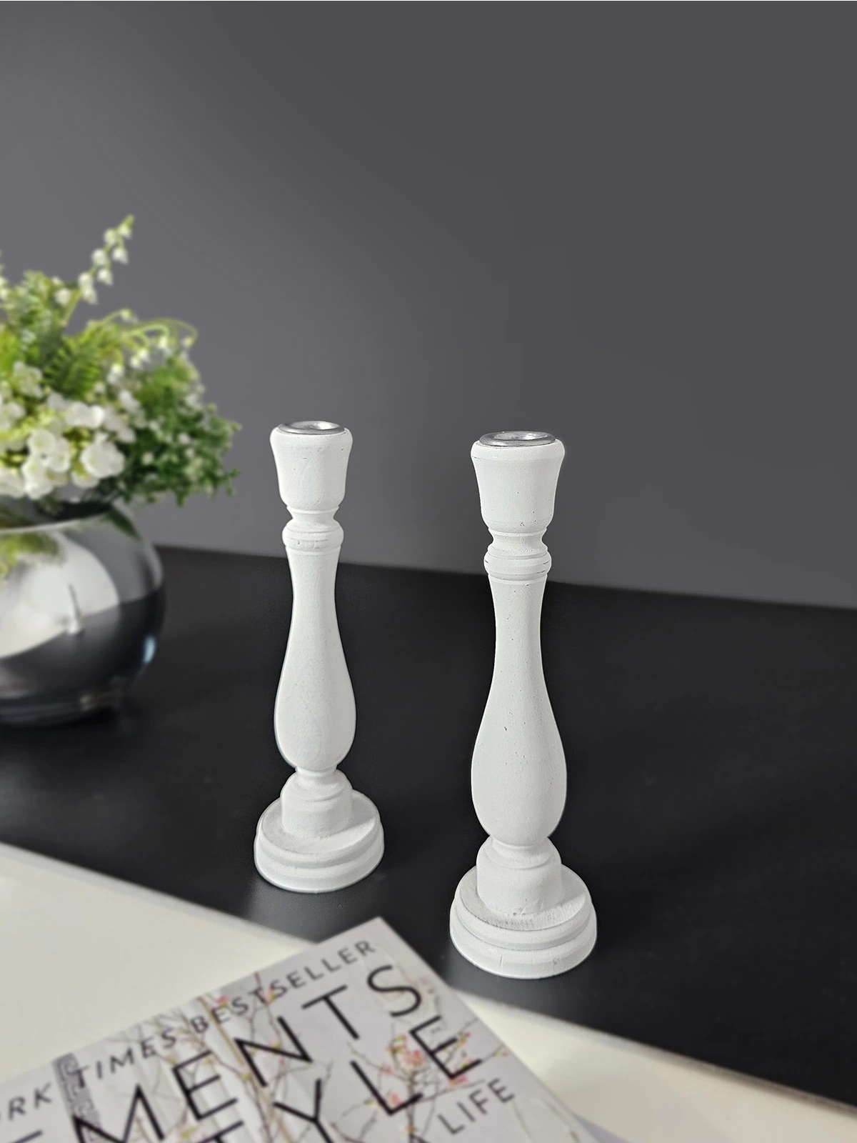 2 Adet Ahşap Şamdan Mumluk Eskitme Beyaz 24cm