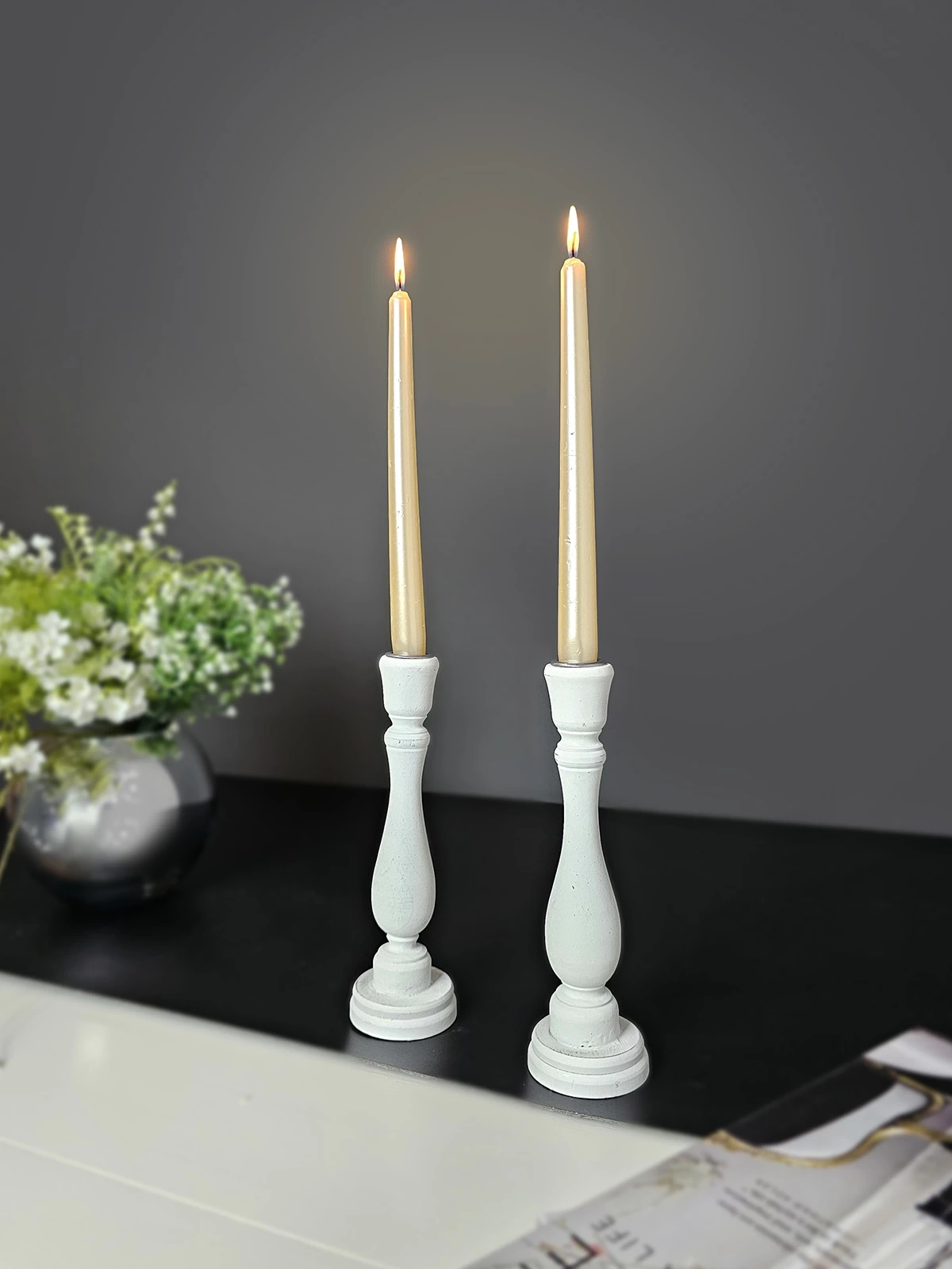 2 Adet Ahşap Şamdan Mumluk Eskitme Beyaz 24cm