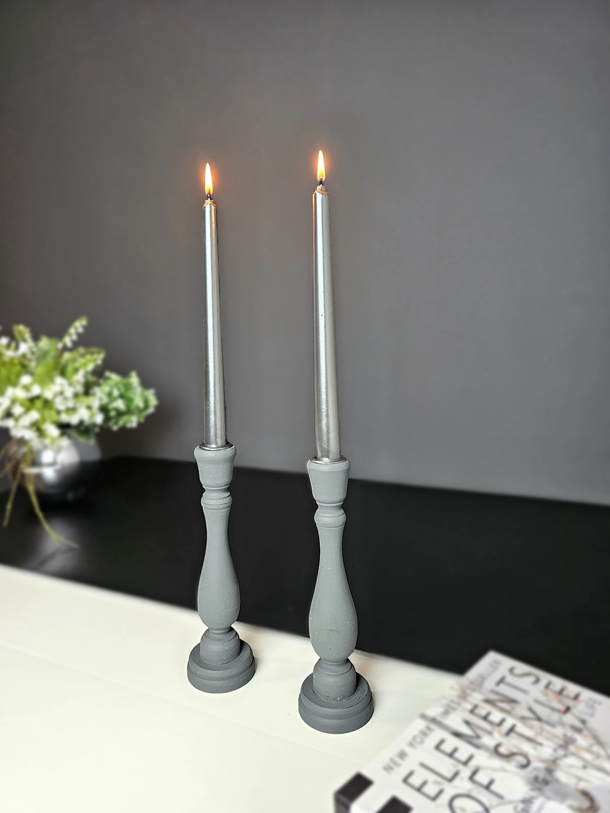 2 Adet Ahşap Şamdan Mumluk Eskitme Gri 24cm