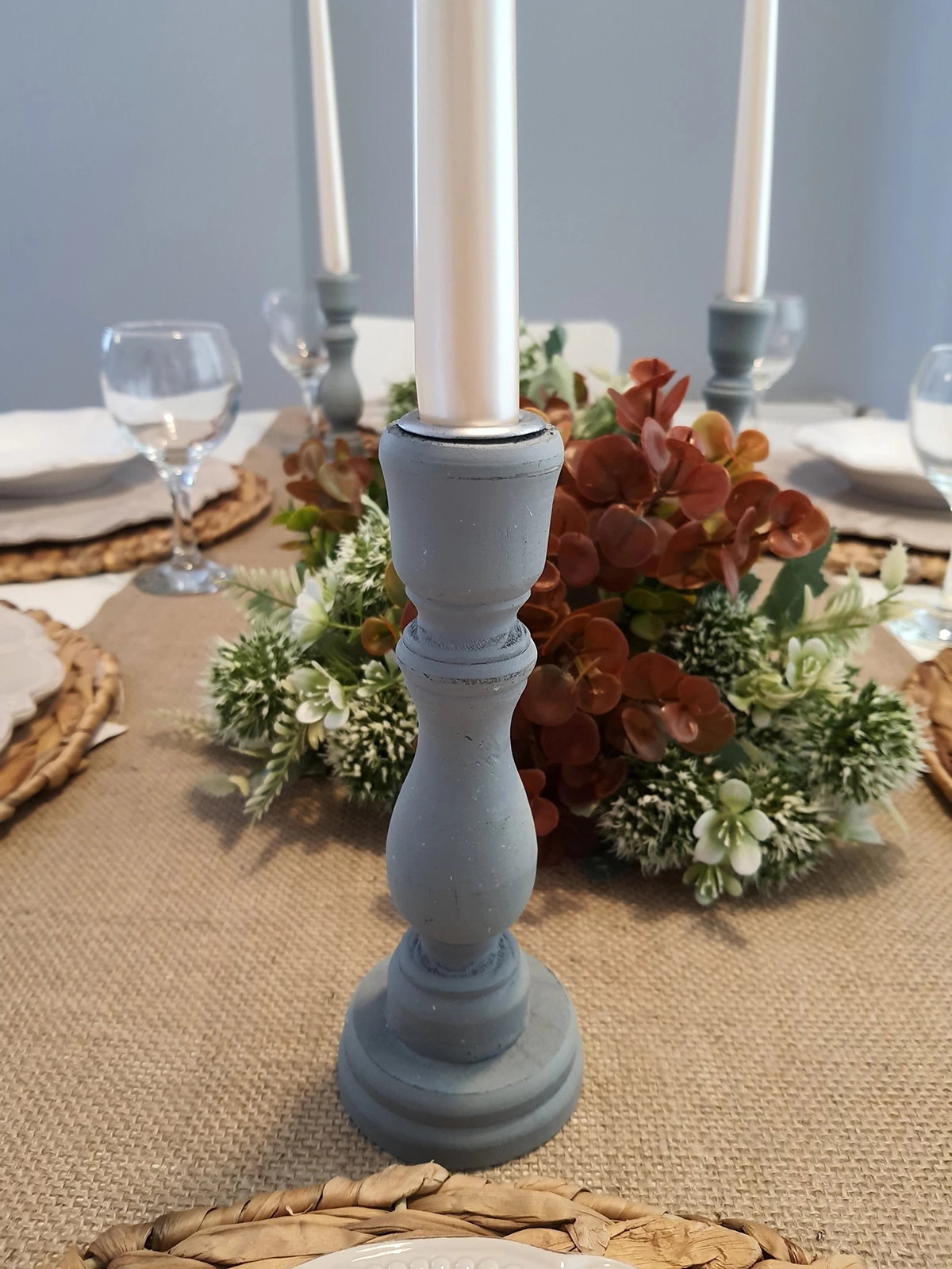 2 Adet Ahşap Şamdan Mumluk Eskitme Gri 24cm