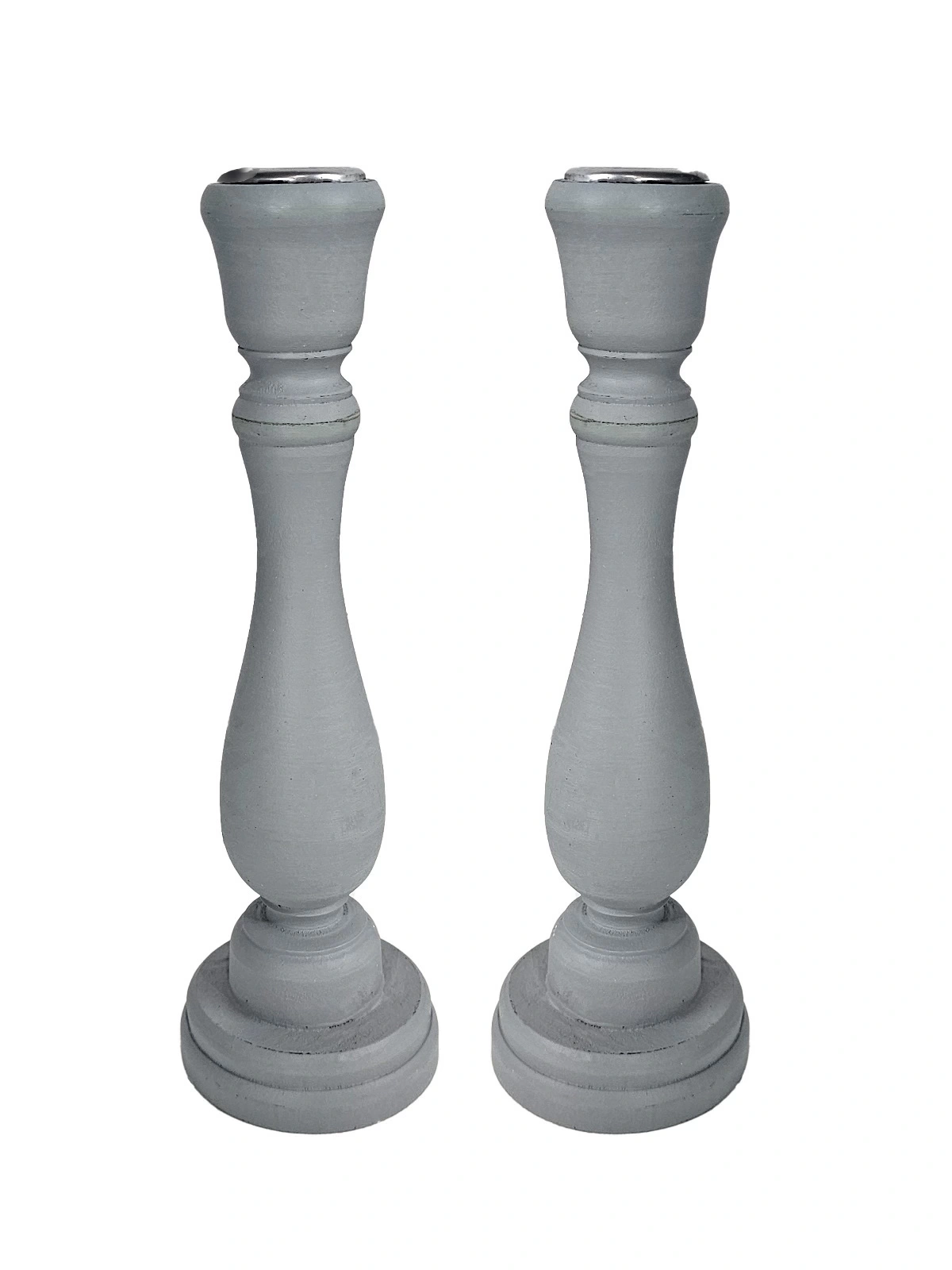 2 Adet Ahşap Şamdan Mumluk Eskitme Gri 24cm
