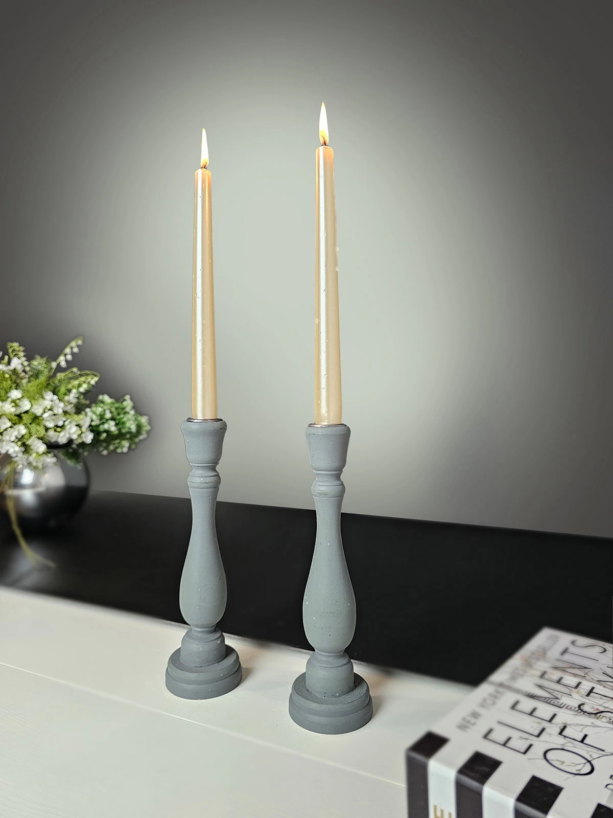 2 Adet Ahşap Şamdan Mumluk Eskitme Gri 24cm