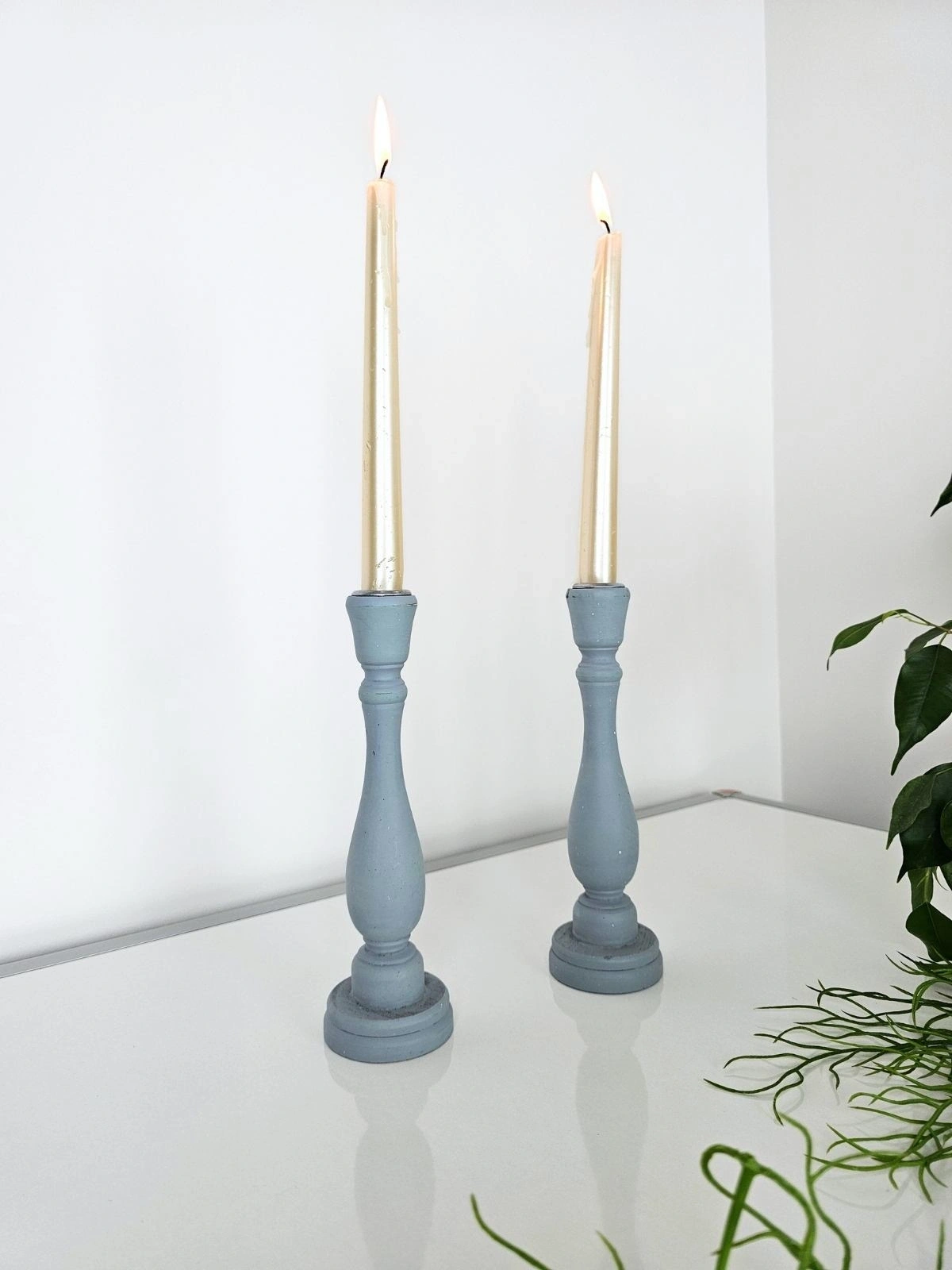 2 Adet Ahşap Şamdan Mumluk Eskitme Gri 24cm