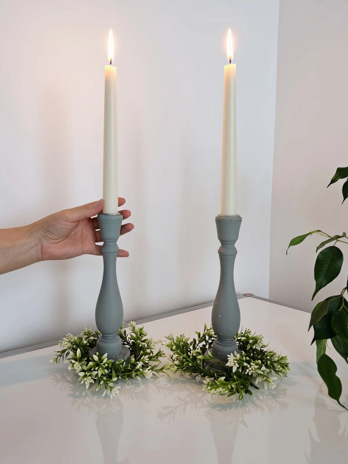 2 Adet Ahşap Şamdan Mumluk Eskitme Gri 24cm