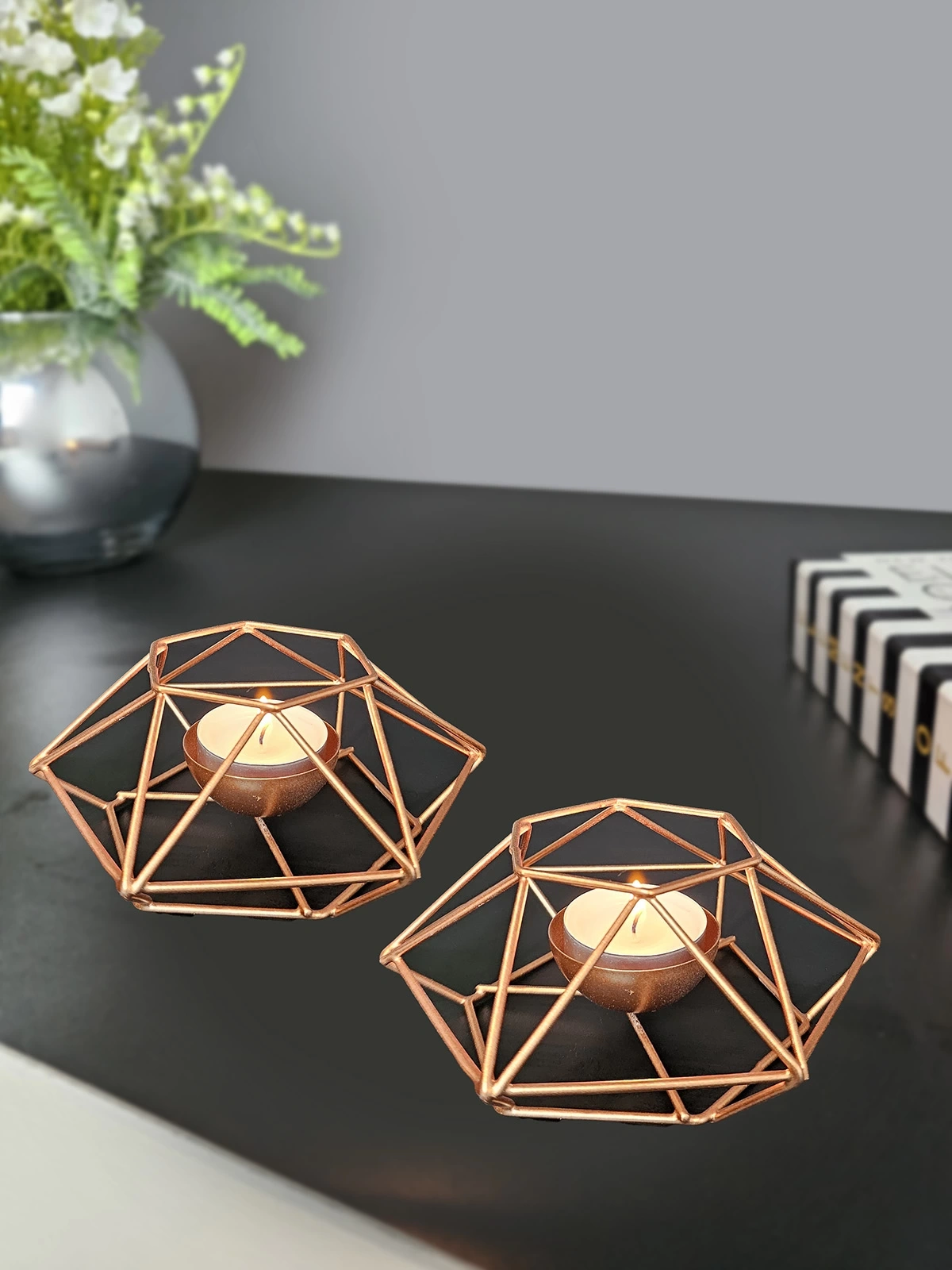 2 Adet Dekoratif Metal Tealight Mumluk Capella Bakır Renk