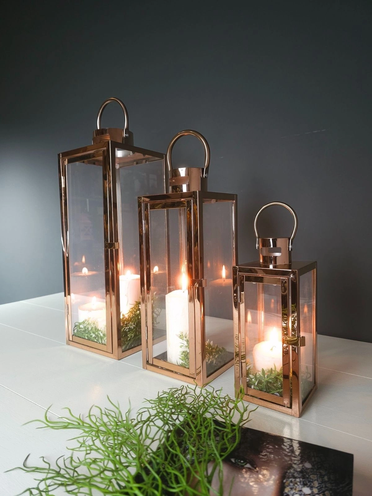 Rosa Trio Paslanmaz Çelik Üçlü Rosegold Mumluk Fener Seti