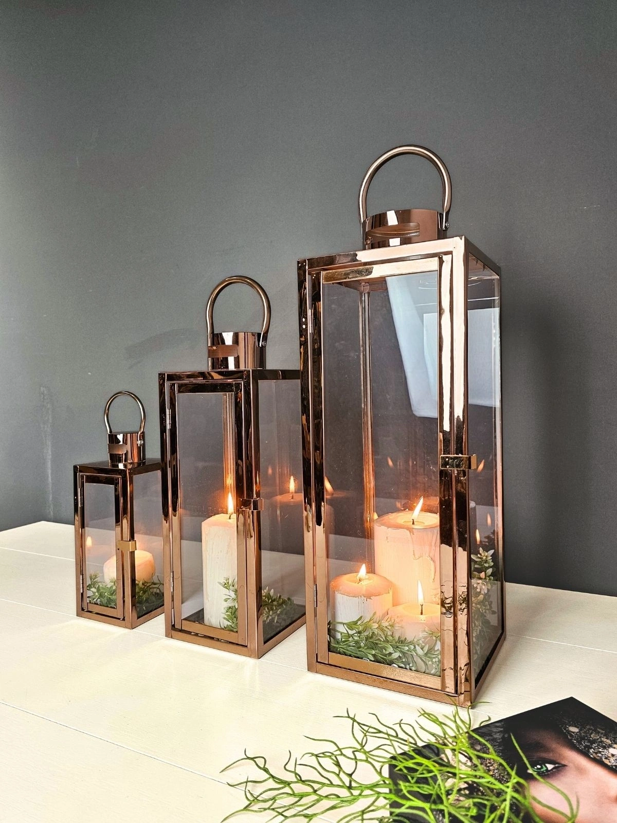 Rosa Trio Paslanmaz Çelik Üçlü Rosegold Mumluk Fener Seti