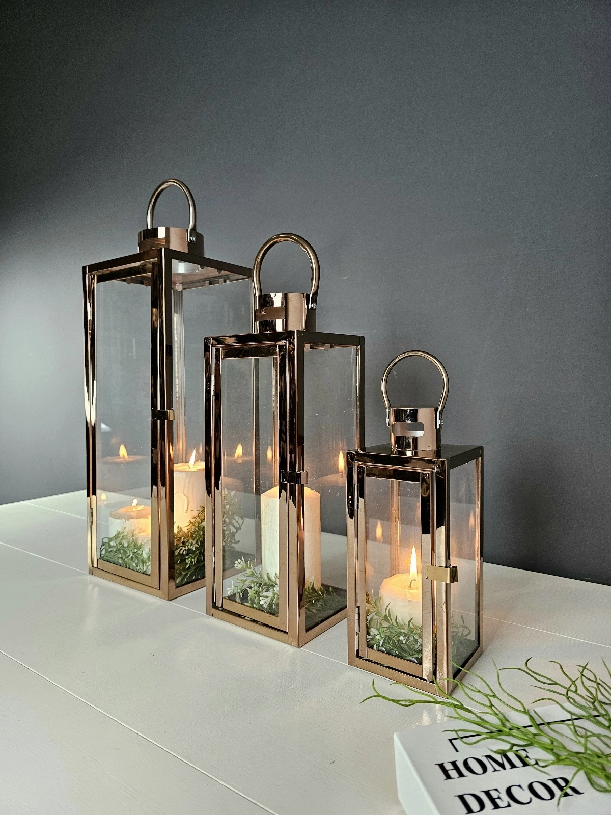 Rosa Trio Paslanmaz Çelik Üçlü Rosegold Mumluk Fener Seti