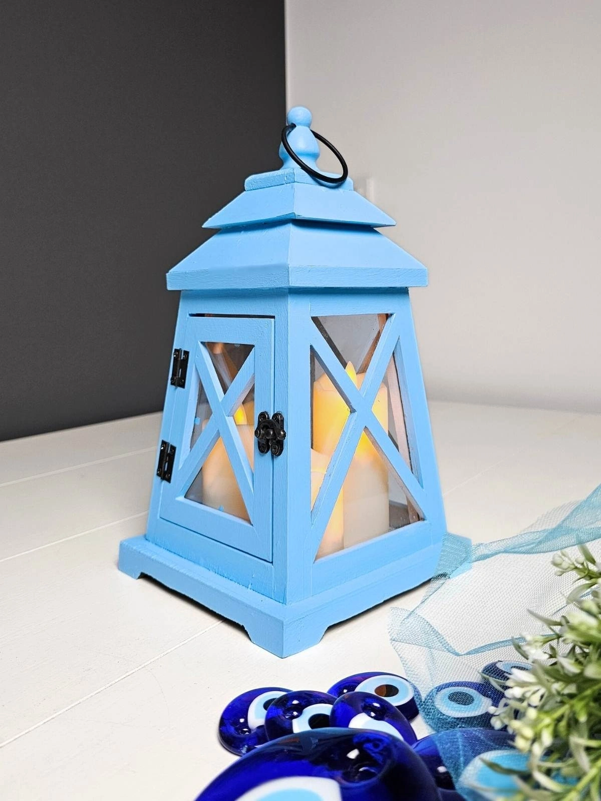 Mavi Ahşap Fener Led Işıklı 30cm