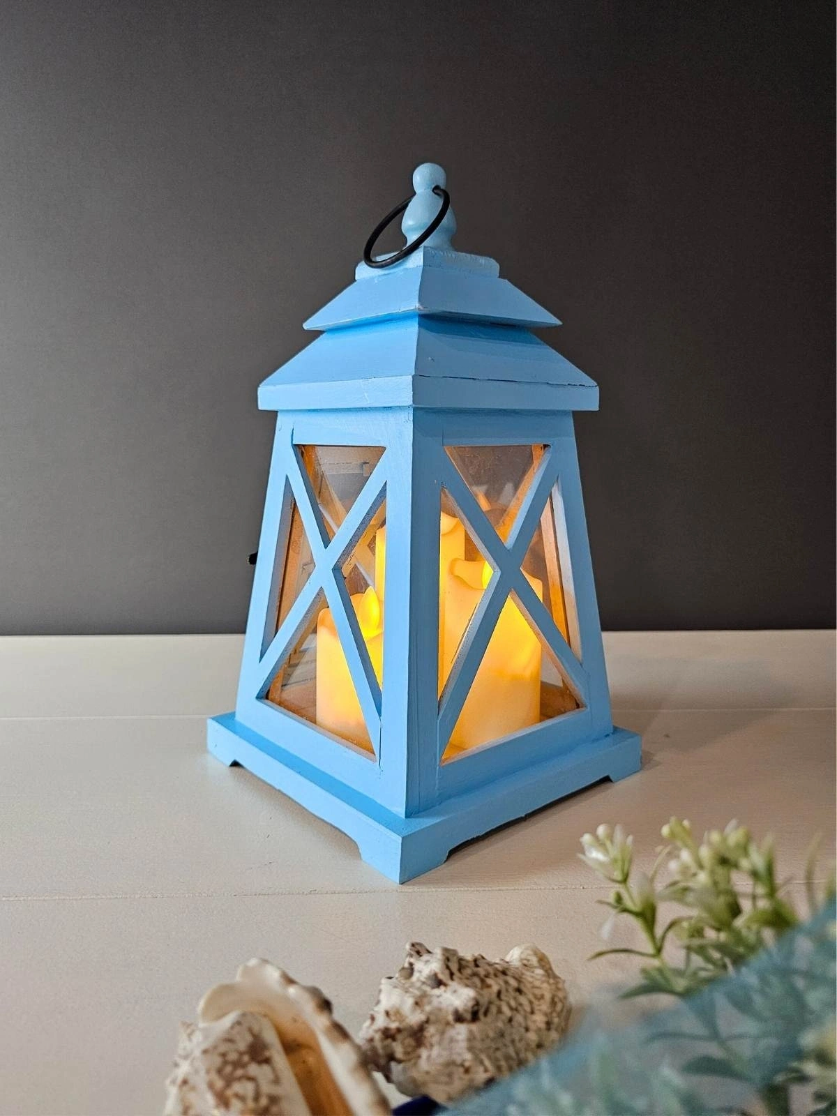 Mavi Ahşap Fener Led Işıklı 30cm